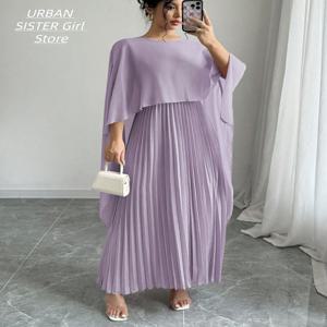연보라색 라운드넥 케이프 숄 긴소매 하이웨이스트 플리츠 롱 드레스, 부드럽고 우아한 쉬폰 웨딩 들러리 연회 가운