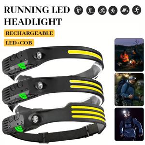 COB LED 유도 전조등 내장 배터리가 있는 USB 충전식 램프 야외 캠핑 낚시 조명 비상 작업 랜턴