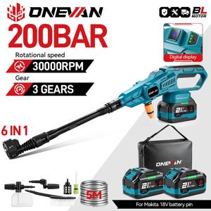 ONEVAN 200Bar 브러시리스 고압 세척기 건 3500W 6in1 무선 스프레이 건 자동차 정원 세척 도구 (마키타 18V 배터리 핀용)