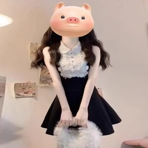 블랙 민소매 조끼 드레스 여성 여름 하이 웨이스트 A라인 퍼프 짧은 스커트 스위트 프린세스 스타일 버튼 디테일 티 브레이크 드레스