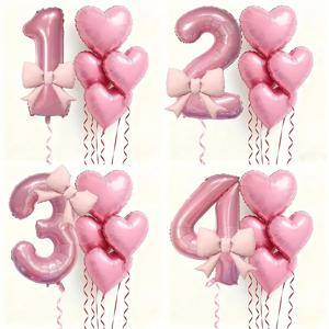6개의 핑크 리본 하트 풍선과 32인치 핑크 숫자 포일 풍선, 생일 파티, 결혼, 약혼, 기념일 장식용