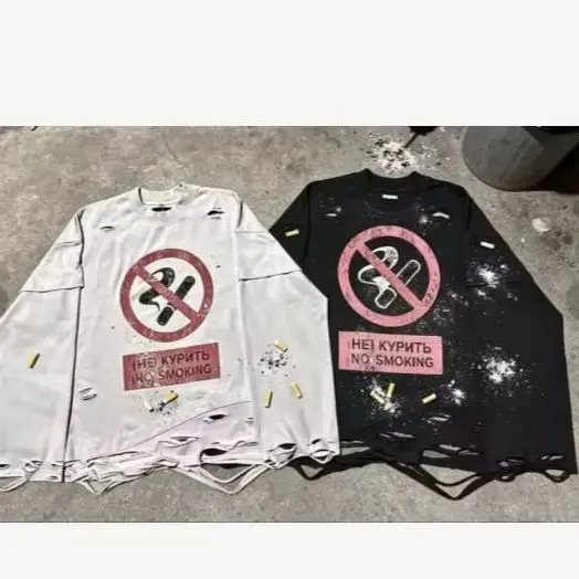 Y2K 담배 패턴 프린트 스트리트웨어 하라주쿠 힙합 찢어진 긴팔 탑 고딕 패션 크루넥 스웨트셔츠 남녀 공용