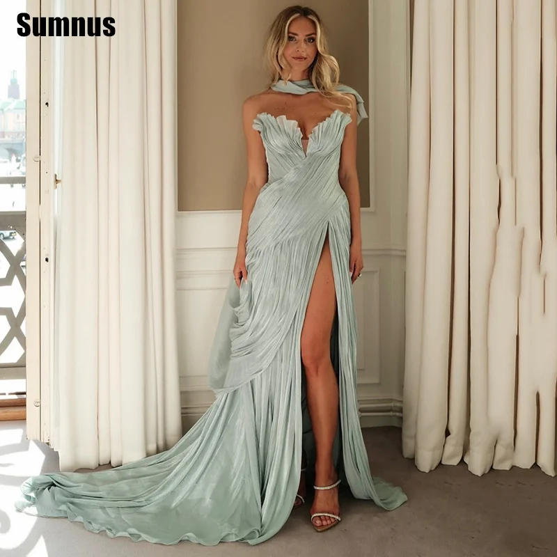 Sumnus 우아한 머메이드 스카이 블루 댄스 파티 드레스 Sweetheart Ruched Ruffle 하이 슬릿 이브닝 드레스 Maxi gala vestidos Customized