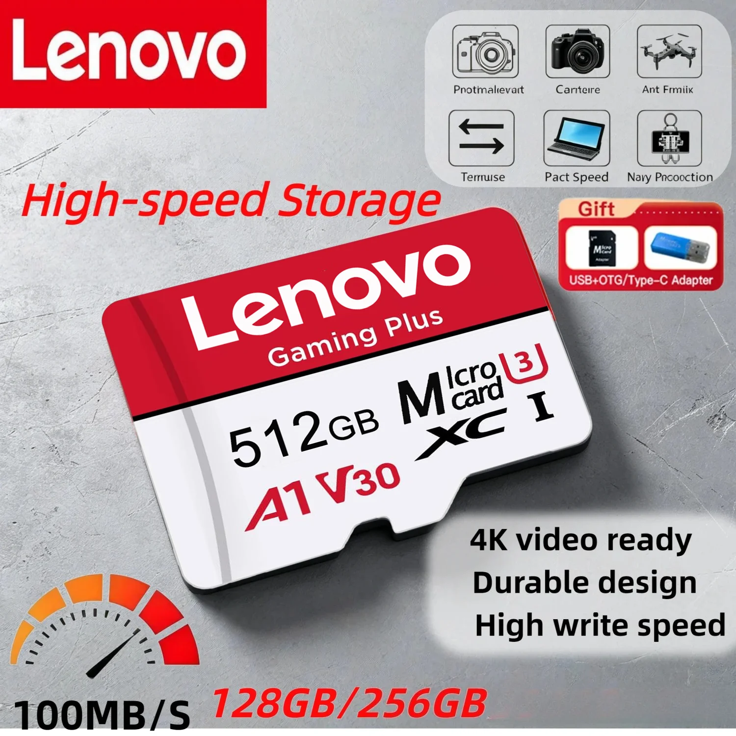 레노버 512GB 게임 전용 마이크로 TF SD 카드 A2 V60 고속 4K Ultra-HD 비디오 플래시 카드 TF 메모리 카드 (휴대폰, 카메라, PC용)