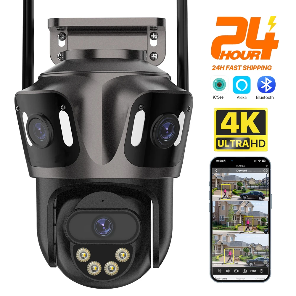 3개의 스크린 WIFI IP 카메라 야외 4K 듀얼 렌즈 PTZ 카메라 AI 인간 감지 IP66 방수 CCTV 비디오 보안 카메라 ICsee