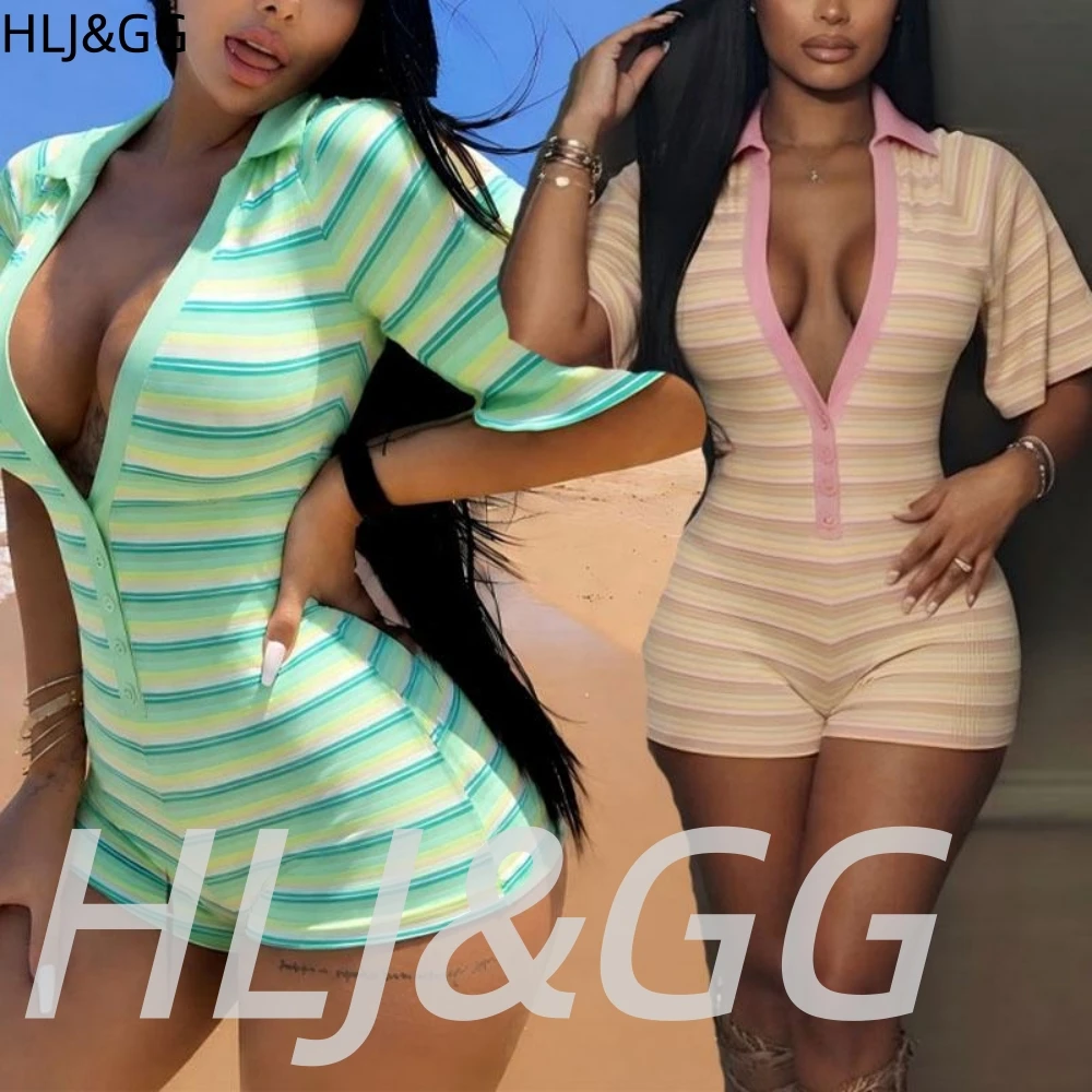 HLJ&GG 그린 섹시한 딥 V 스트라이프 리버 바디콘 원피스 롬퍼 여성 반팔 슬림 점프수트 패션 파티 클럽 오버올