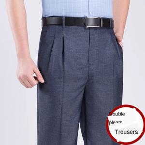높은 허리 더블 Pleated 남자 정장 바지 여름 블랙 스트레이트 사무실 공식 드레스 바지 남자 블랙 그레이 크기 40 42 44