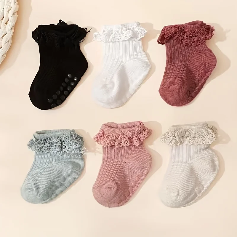 6켤레의 아기 여자아이 귀여운 공주풍 레이스 양말 실내 미끄럼 방지 바닥 양말