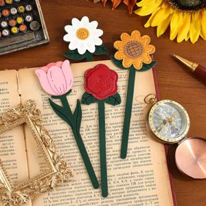 2 Pcs PU 가죽 꽃무늬 북마크 데이지 튤립 로즈 해바라기 페이지 클립 책 애호가를 위한 독서 선물 플래너 액세서리