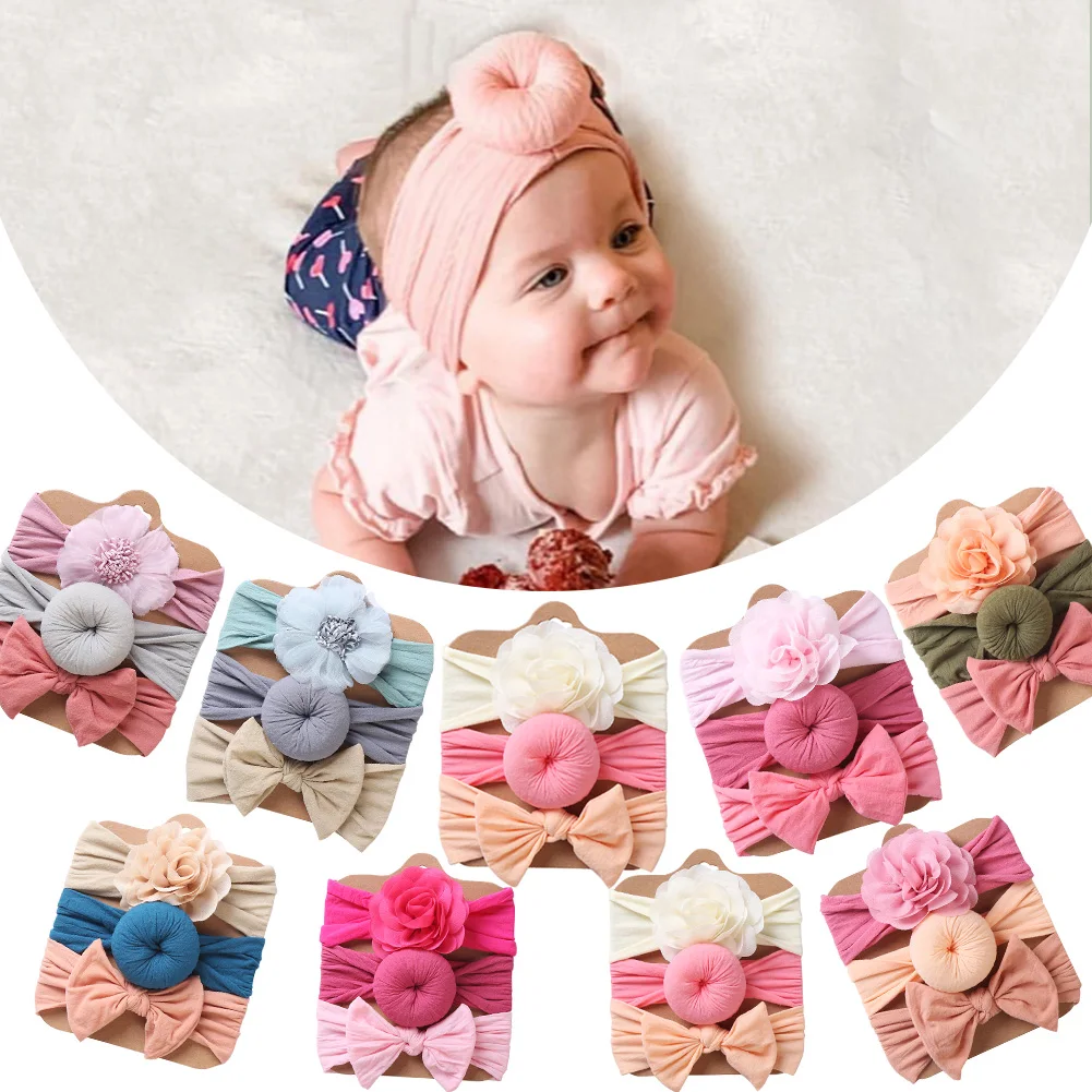 3 개/몫 솔리드 나일론 아기 머리띠 레이스 꽃 활 헤어 밴드 신생아 도넛 Headwraps 귀여운 패션 키즈 Headwraps
