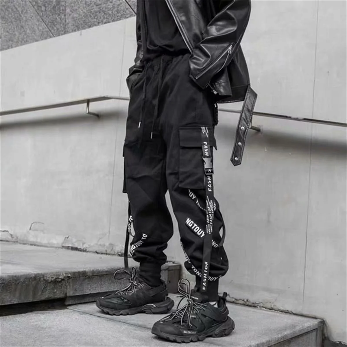 블랙 카고 바지 남성 조깅 카고 바지 남성용 조깅 일본 streetwear 힙합 히피 techwear 고딕 리본 바지