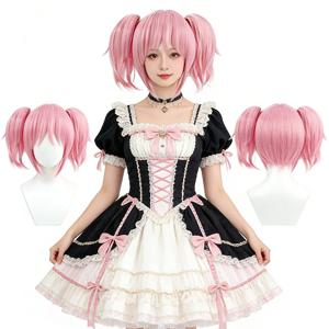 마도카 카나메 코스프레 가발 10인치 짧은 핑크색 더블 포니테일 내열성 합성 헤어 할로윈 파티 데일리웨어