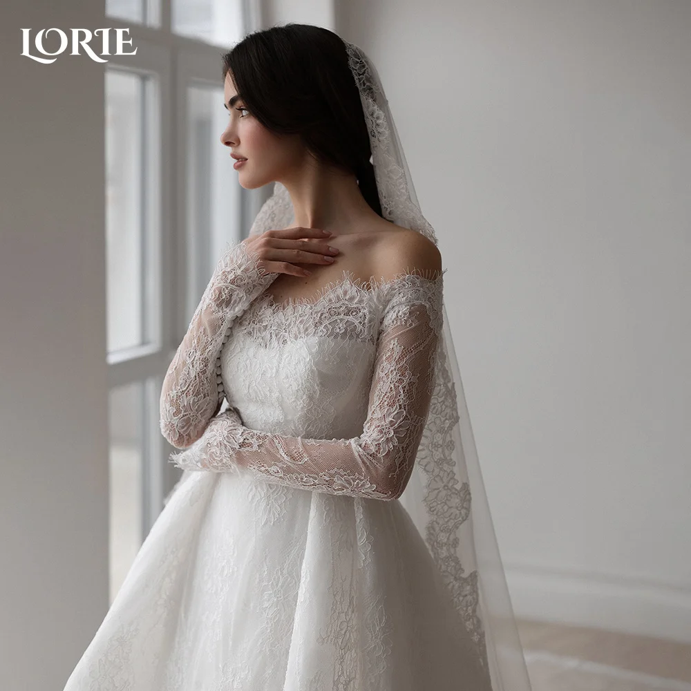 LORIE Boho 웨딩 드레스 오프 어깨 긴 소매 레이스 비치 공주 버튼 신부 가운 맞춤형 a 라인 보헤미안 신부 드레스