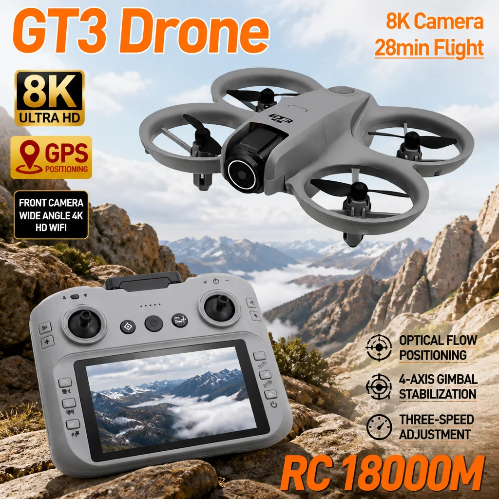 GT3 미니 드론 브러시리스 쿼드콥터 RC 드론, 전문가용 8K 듀얼 카메라 FPV 스크린 리모컨, 접이식 비행기 장난감 선물
