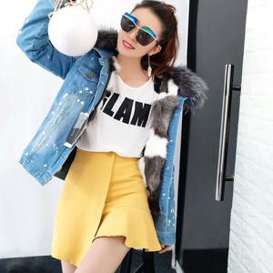 2026 MAOMAOKONG 파카 코트 여성 천연 라쿤 모피 칼라 재킷 리얼 폭스 모피 라이너 짧은 데님 재킷 패션 봄버 겨울
