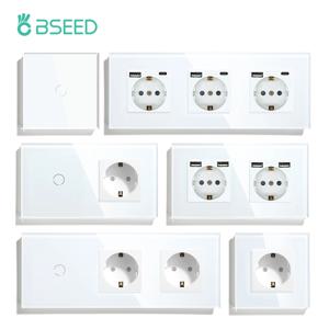 BSEED 터치 라이트 스위치 USB Type-C 크리스탈 유리 패널이있는 EU 표준 벽 소켓 흰색 전원 플러그 1/2/3Gang 스위치