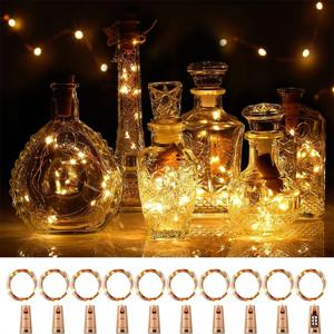 20 LED 10 팩 와인 병 조명 구리 와이어 요정 문자열 빛 따뜻한 흰색 병 마개 분위기 램프 크리스마스 휴일