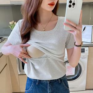 임산부 수유 티셔츠 단색 면 티셔츠 여름 반팔 임신 티셔츠