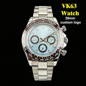 2026 39mm VK63 남성용 쿼츠 크로노그래프 시계 세라믹 브라운 인서트 아이스 블루 다이얼 C3 야광 사파이어 크리스탈 방수
