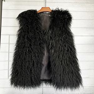 패션 겨울 75cm 롱 플러피 인조 모피 베스트 여성용 화려한 인조 몽골 양털 조끼 가짜 모피 재킷 여성 코트