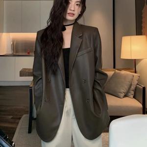 봄 가을 여성 한국 캐주얼 가죽 재킷 고급 패션 심플 수트 부드러운 가죽 재킷 여성 PU 가죽 블레이저 코트