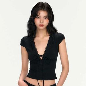 우아한 V넥 슬림 크롭탑 반팔 스윗 이너 티셔츠 레이스 탄성 캐미솔 스파이시 걸