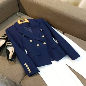 Yeezzi 여성용 네이비 블루 더블 브레스트 긴 소매 블레이저 우아한 골드 버튼 정장 재킷 공식 사무실 비즈니스 아우터웨어