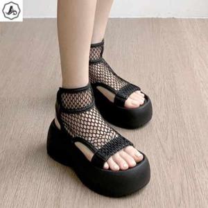 [애슬릿] 통굽 샌들 메쉬 네트 발목 찍찍이 스트랩 키높이 펑키 7cm