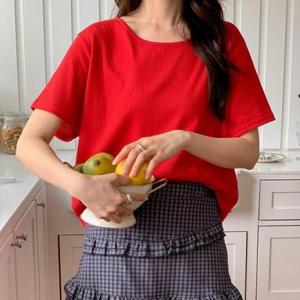 [다잇템]여자 빨간색반팔티 골지 라운드넥 박스핏 티셔츠_25869265_588872
