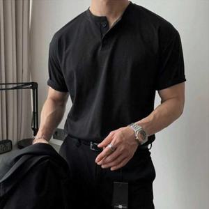 남자티셔츠 무지 버튼 헨리넥 반팔 티셔츠 남자 기본 여름 코디