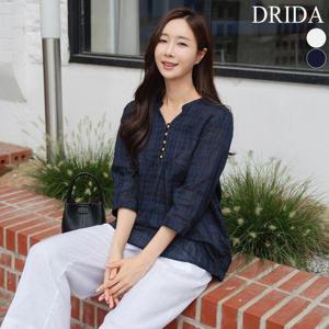[드리다]여름 여자 7부 체크 차이나 반오픈 루즈핏 빅사이즈 블라우스 40-50대 중년여성 엄마옷 미시 출..