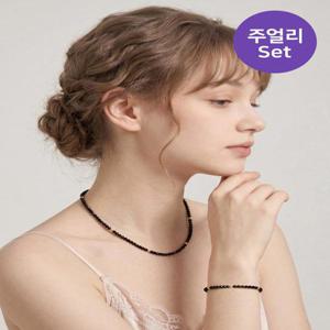 [루즈루나][1+1] 블랙스피넬 비즈 골드볼 목걸이 팔찌 세트 E74