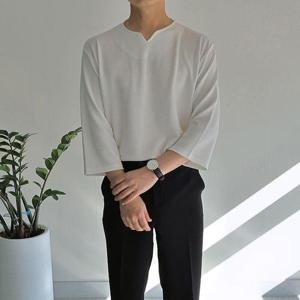 [맨즈북]구김없는 남성 7부티셔츠 트임 슬릿넥 흰색 긴팔티
