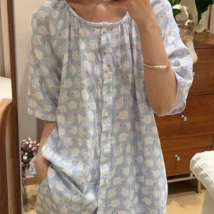 반팔 긴바지 세트 순면 클라우드 쉽 이중거즈 노카라 잠옷 1color
