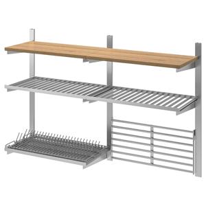 쿵스포르스 주방벽수납 선반 식기건조대 벽격자 스테인리스/물푸레나무 124cm