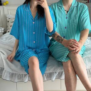 반팔 세트 국산 커플 인견 아쿠아 스트라이프 공용 여름 홈웨어 2color