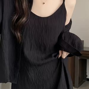 2024 봄 여름 니치 블랙 다용도 미드 레인지 드레스 패션 바디 커버링 여성 드레스 핫 스커트 무릎 길이 솔리드 플로잉 롱 드레스