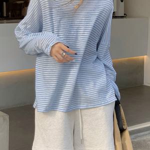 TEMU 여성 긴팔 티셔츠 단가라 루즈핏 오버핏 라운드넥 옆트임 가을 간절기 체형커버 꾸안꾸 마실룩 캠퍼스룩 블루