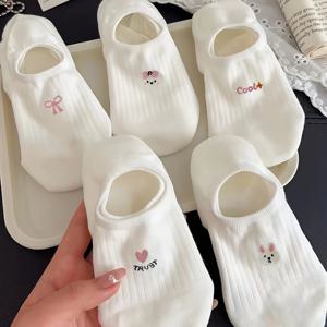 TEMU 여성 봄/여름 보트 양말 5켤레, 토끼 리본 & 하트 패턴, 가볍고 통기성이 좋으며 편안하고 귀여운 투명 누드 양말, 데일리 출퇴근용