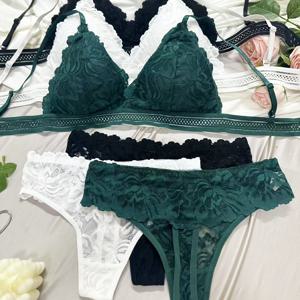 TEMU 6피스 데일리 컴포트 통기성 시스루 레이스 브라와 팬티 세트, 와이어프리 얇은 섹시한 로맨틱 프렌치 스타일 컵 브라와 레이스 팬티, 여성 속옷 세트