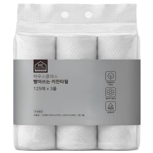 TEMU 하우스클래스 빨아쓰는 키친타월 125매 3롤 125x250mm 천연펄프80 PP20 주방 설거지 행주 대용 롤형 키친타올 벌집구조 엠보싱 강한흡수력 재사용 가능 위생용품 공인인증 완료