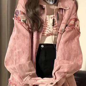 TEMU 여성 빈티지 배색 데님 자켓 루즈핏 디자인 감각 캐주얼 아우터