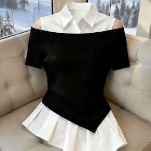 TEMU 여성용 여름 2-in-1 룩 스플라이스 오프숄더 탑, 섹시한 약간의 노출 티셔츠, 우아한 룩을 위한 블랙 앤 화이트 컬러 블록