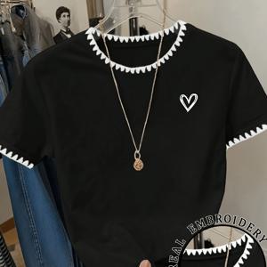TEMU 캐주얼 라운드넥, 도그페이스 플라워 엣지 및 하트 모양 열전사 장식이 있는 반팔 티셔츠