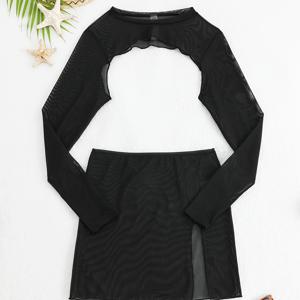 TEMU 여성 캐주얼 단색 컬러 메쉬 커버업, 긴 소매, 세미 쉬어 비치웨어, 섹시 크롭 탑 및 스커트 세트
