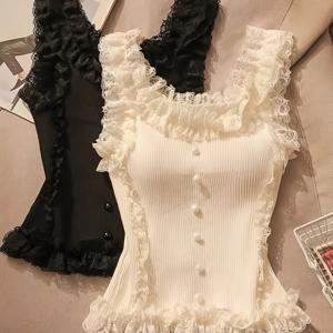 TEMU 2개 세트 섹시 레이스 트림 패션 조끼 2025 여름 아우터 슬림 숏 멜빵 조끼 블랙 앤 화이트 안감 민소매 베이스 탑 고탄력