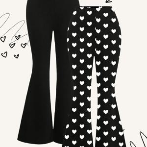 TEMU 여아용 하트 프린트 플레어 팬츠 2pcs 세트, 가을과 봄철 캐주얼 아웃도어 완벽한 멀티팩