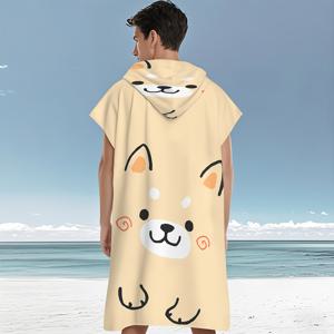 TEMU 1개, 만화 노란색 강아지 패턴 성인용 망토, 노란색 프린트 다기능 폰초 목욕 타월 - 후드 착용 가능, 극세사 부드럽고 편안함, 흡수성 빠른 건조 비치 타월, 서핑, 여행, 캠핑 및 해변 휴가에 적합