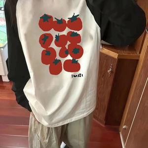TEMU 2026 봄/여름 신상 여성 컬러블록 래글런 소매 토마토 프린트 티셔츠, 심플 패션 캐주얼 다용도 긴팔 티셔츠 가을/겨울용