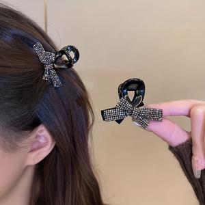 TEMU 여성을 위한 미니 풀 라인스톤 리본 헤어 집게 클립 2개/세트, 반올림빵 헤어스타일용 반짝이는 보우노트 턱 클립 우아한 소형 머리핀